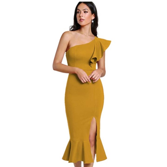 Dresses & Skirts - One Shoulder Midi Cocktail Dress with Split